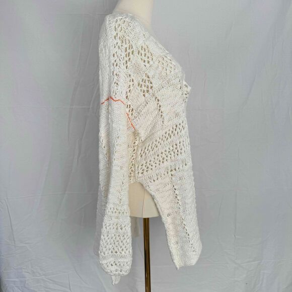 Free People White Sweater Crochet Chunky Knit Oversized Cottagecore Boho Hippie - Picture 8 of 16